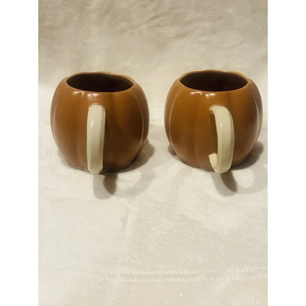 West Elm Stoneware Pumpkin Mug Set; Terracotta Cream Handles Fall Festive